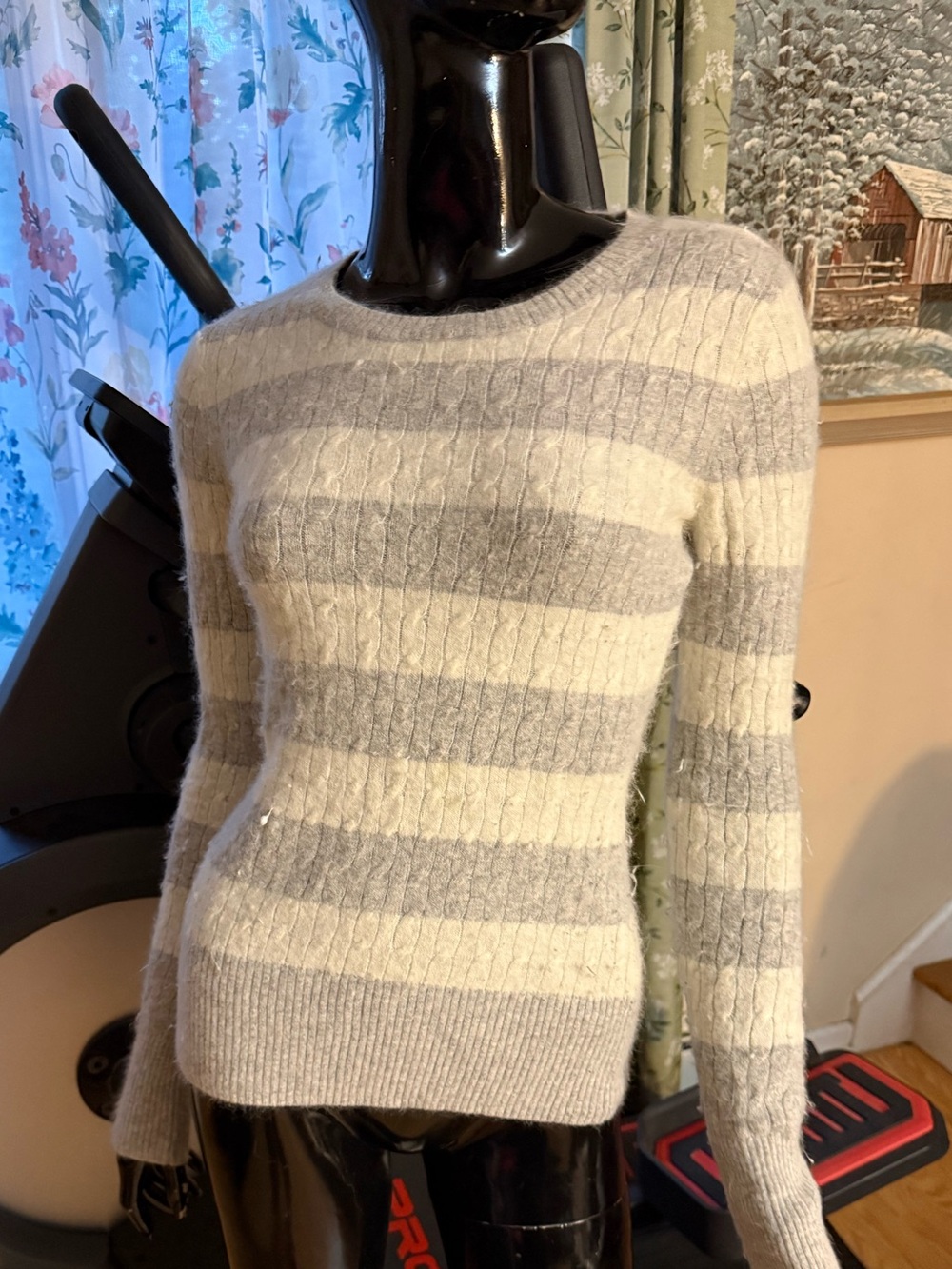 Aphorism Cream and Light Gray Striped Cable-Knit Crew Sweater